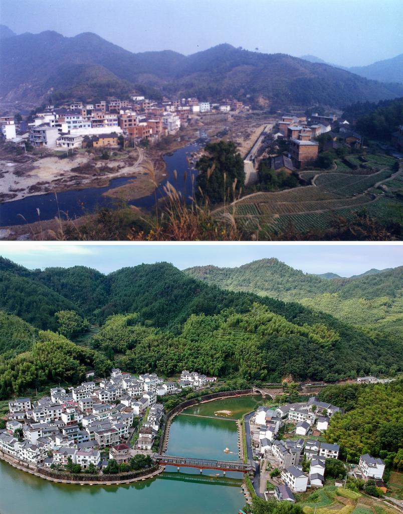 圖為浙江省杭州市淳安縣楓樹(shù)嶺鎮(zhèn)下姜村拼版圖，其中上圖為資料照片、下圖由新華社記者張鋮攝。